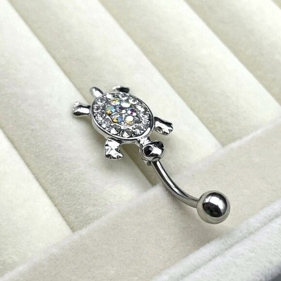 316L Stainless Steel with AB and Diamond Cubic Zirconia Sea Turtle Belly Ring - Picture 5 of 7